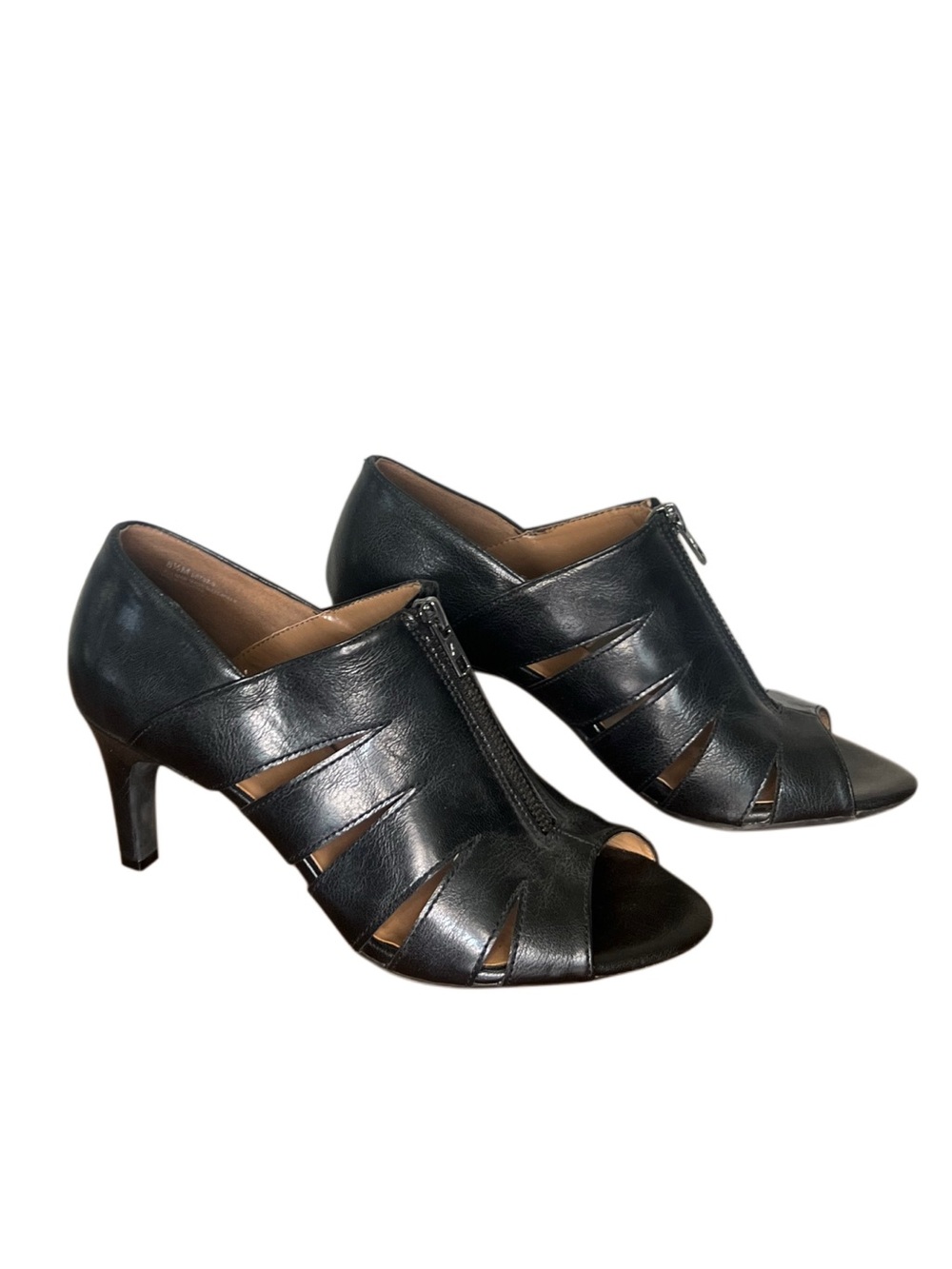 Black Leather Peep Toe Zip Front Shooties Heeled Ankle Booties Cutout Size 8.5 - Picture 4 of 12